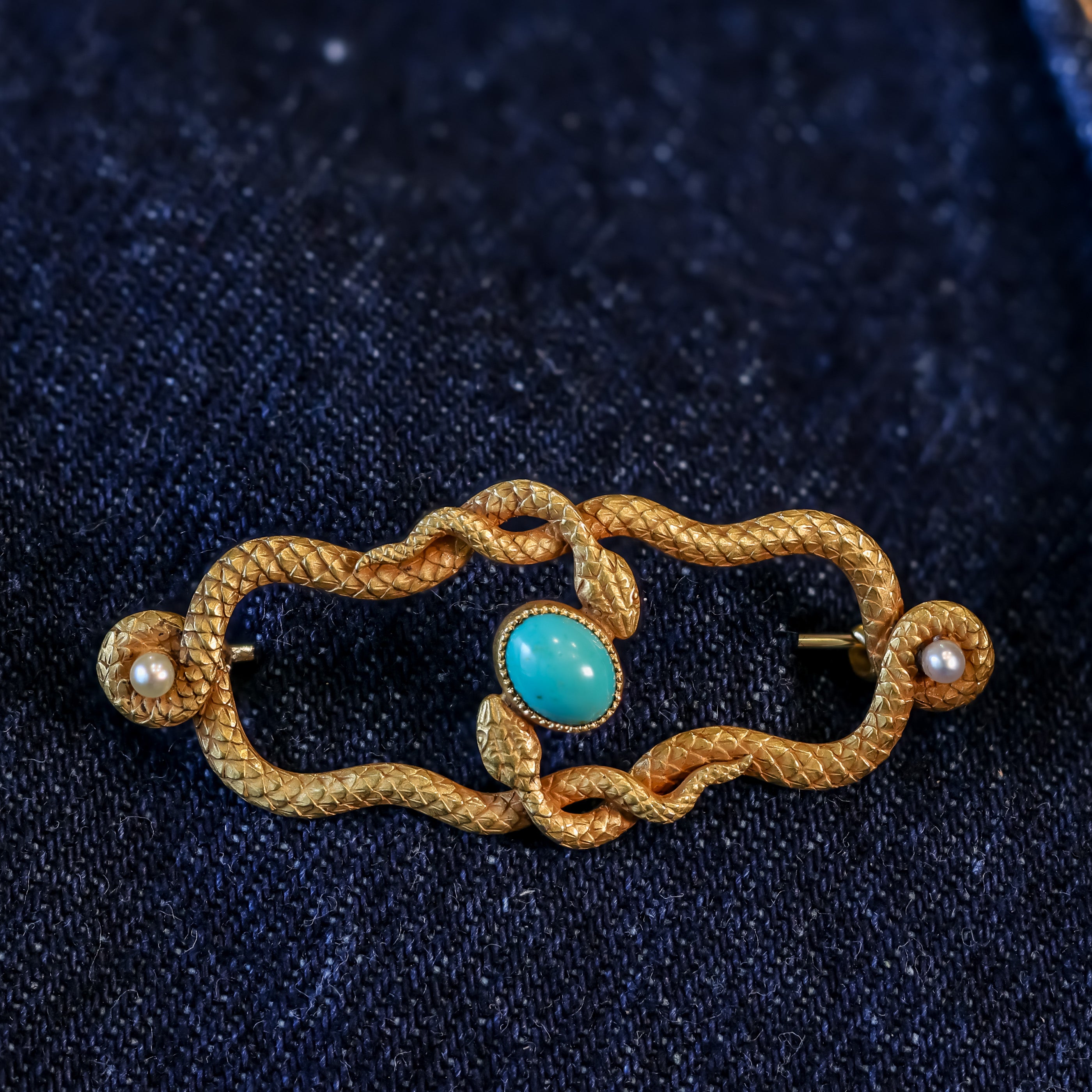 Victorian Turquoise & Pearl Snake Brooch