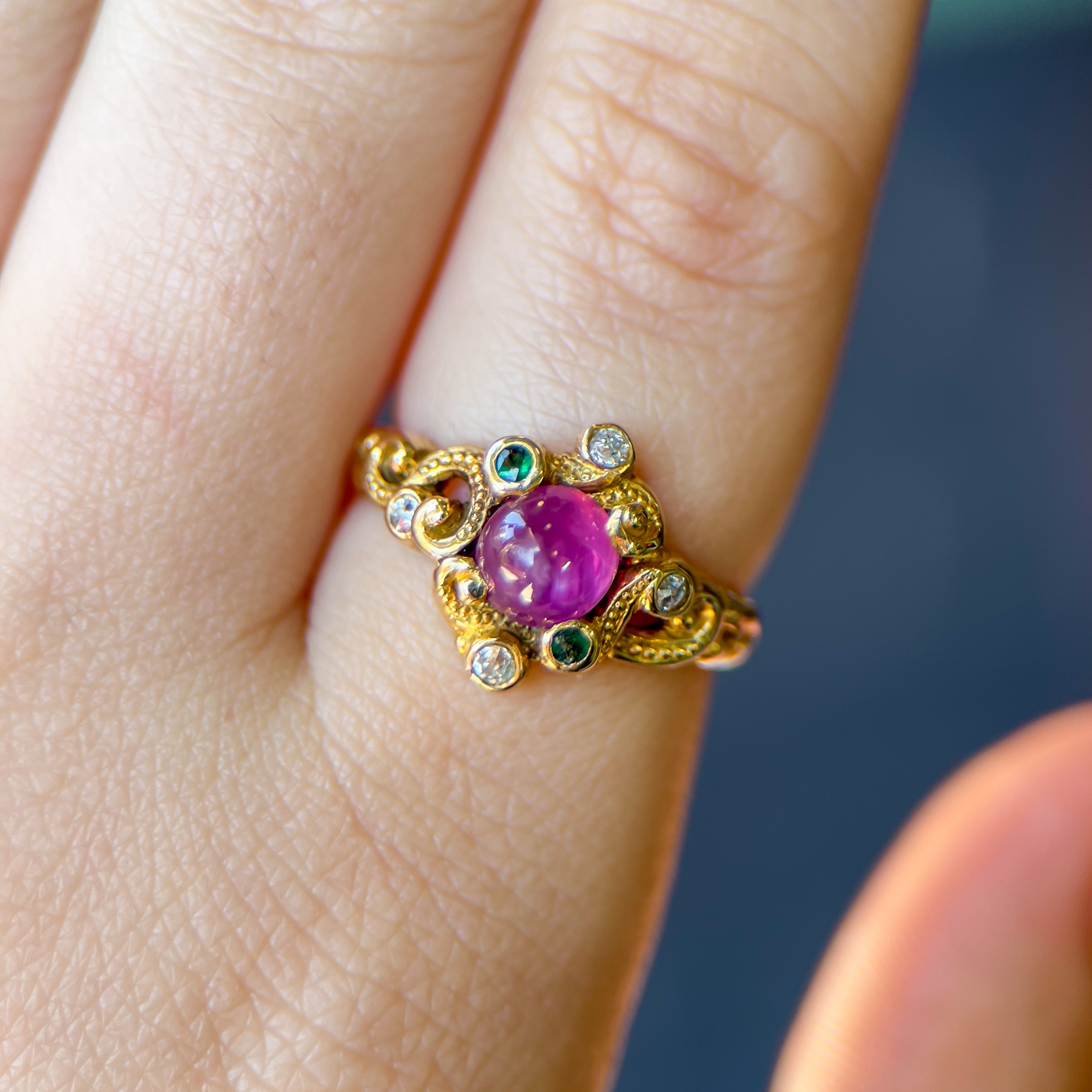 Arts & Crafts 14K Star Pink Sapphire, Emerald, and Diamond Ring
