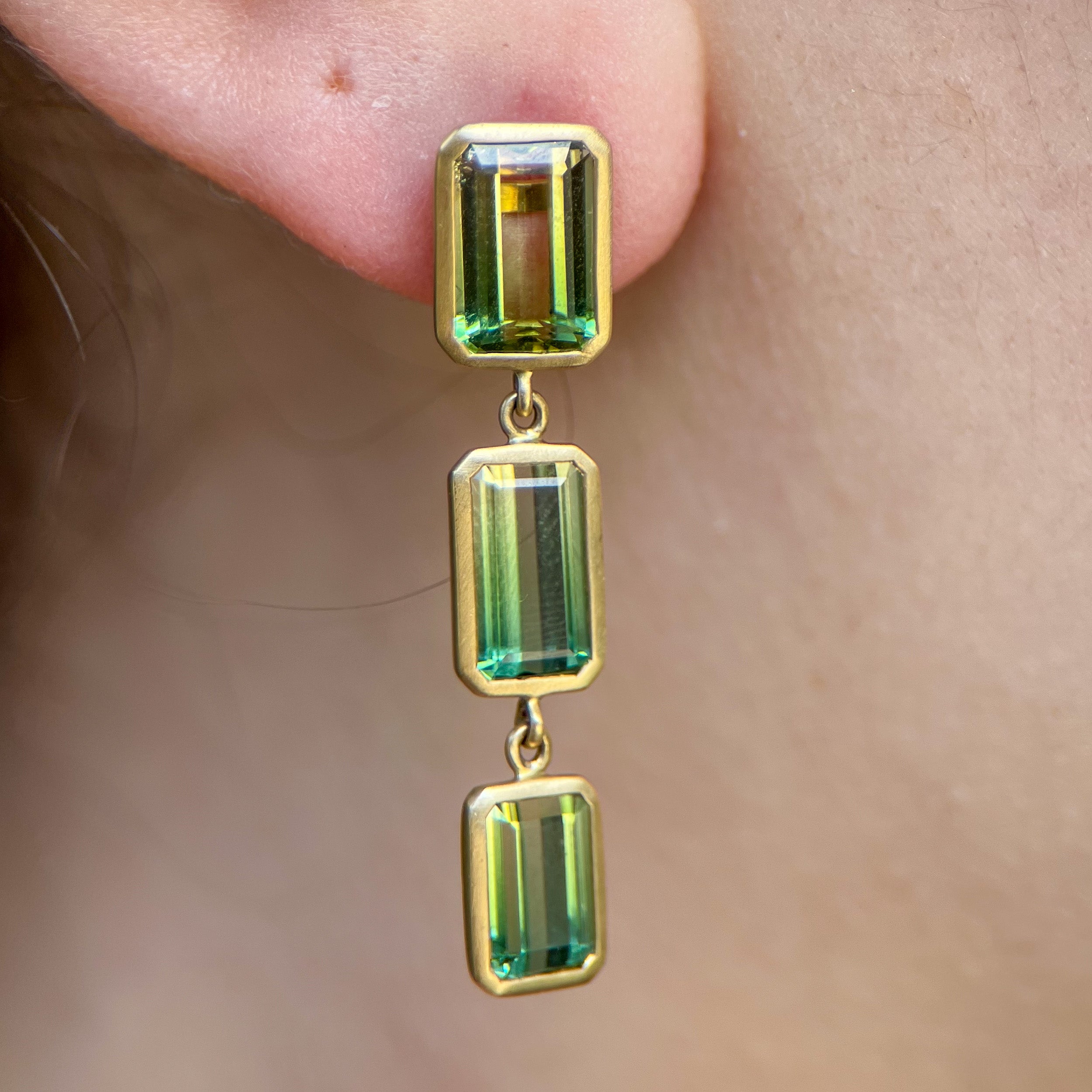 Green-Blue Tourmaline Emerald Cut Dangle Earrings