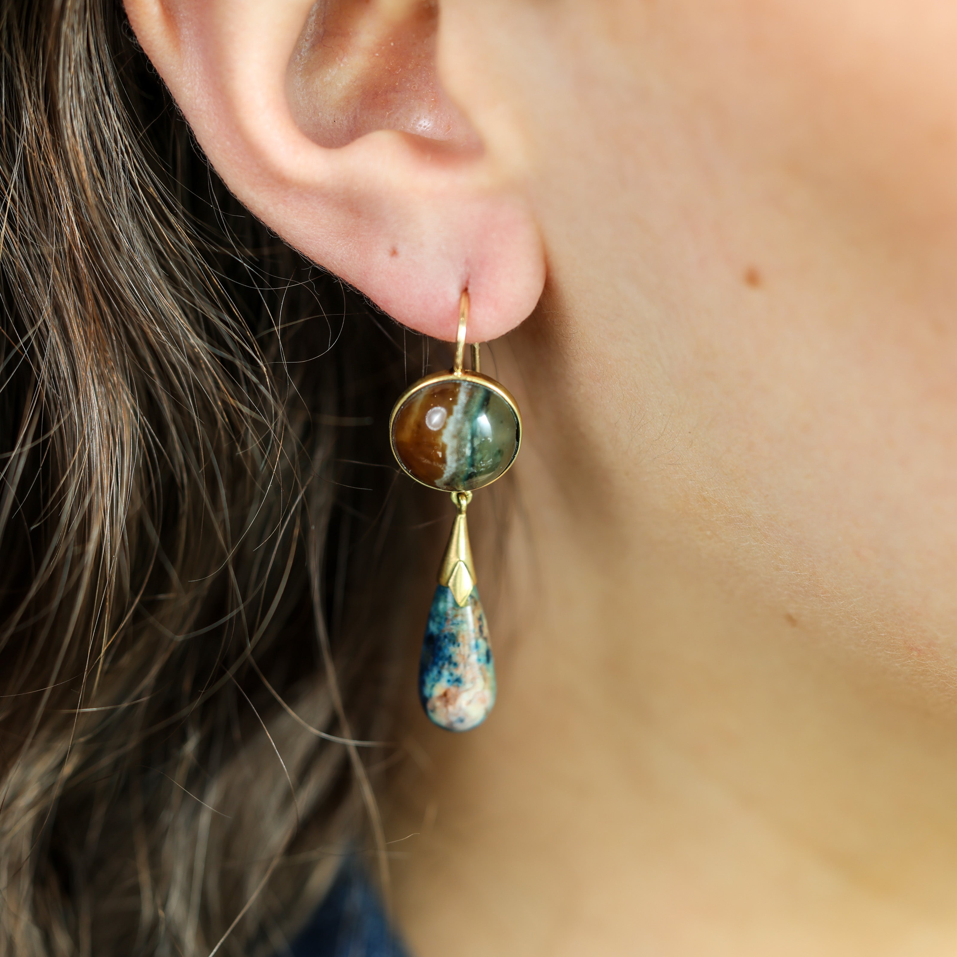 14K Victorian Blue & Brown Agate Drop Earrings