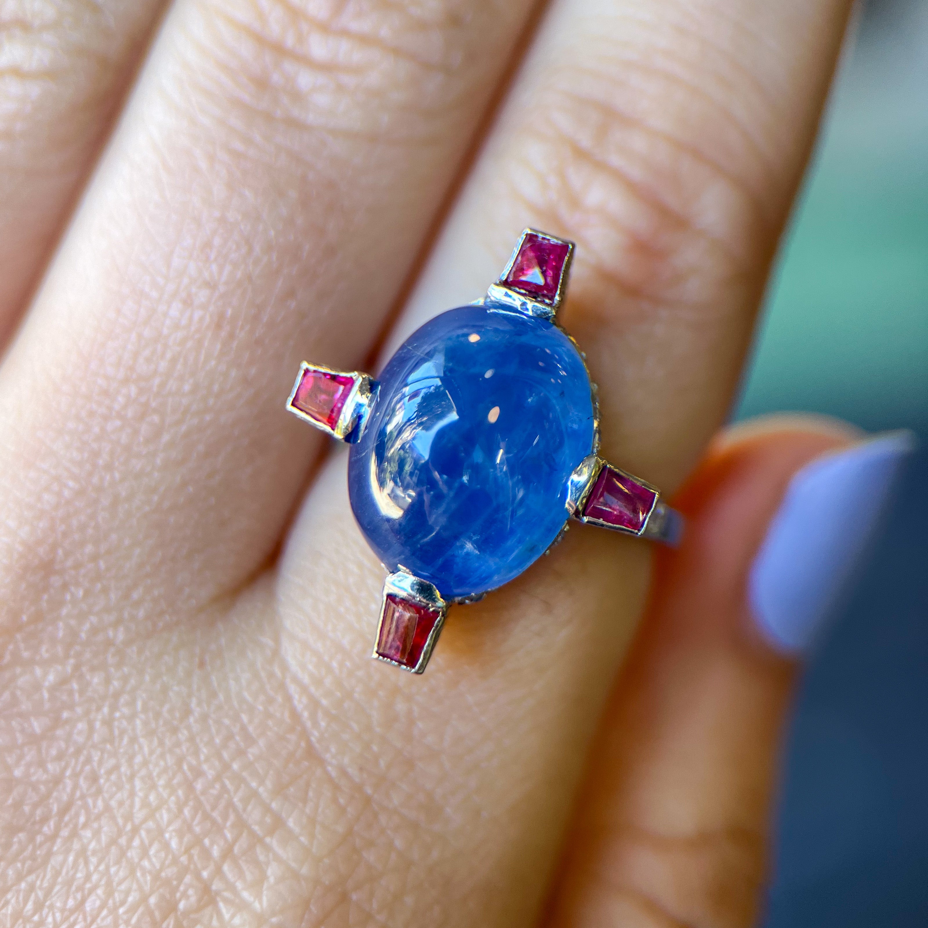 Art Deco Platinum Cabochon Sapphire, Ruby & Diamond Ring