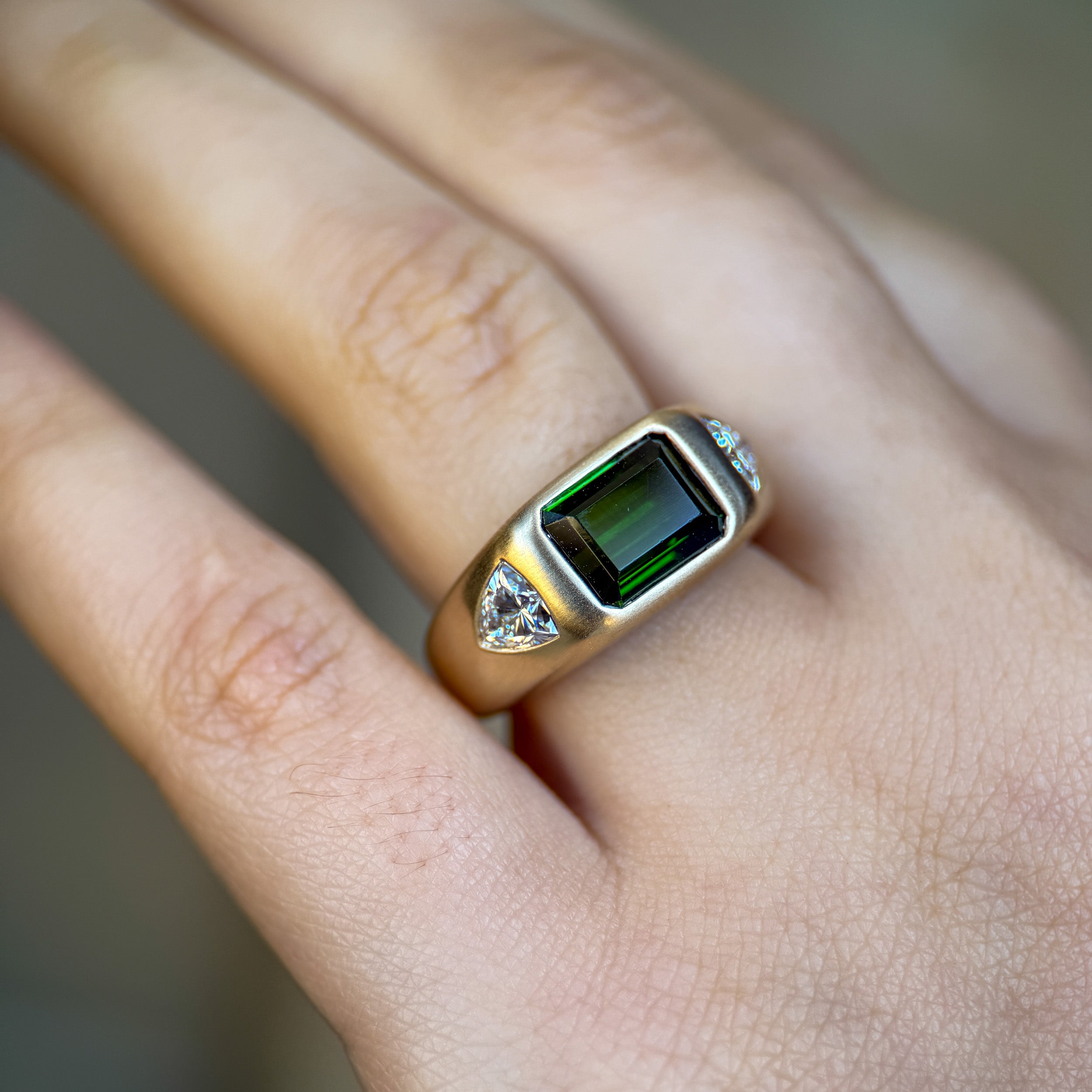 M & Co. Green Tourmaline & Diamond Flush Set Gold Ring