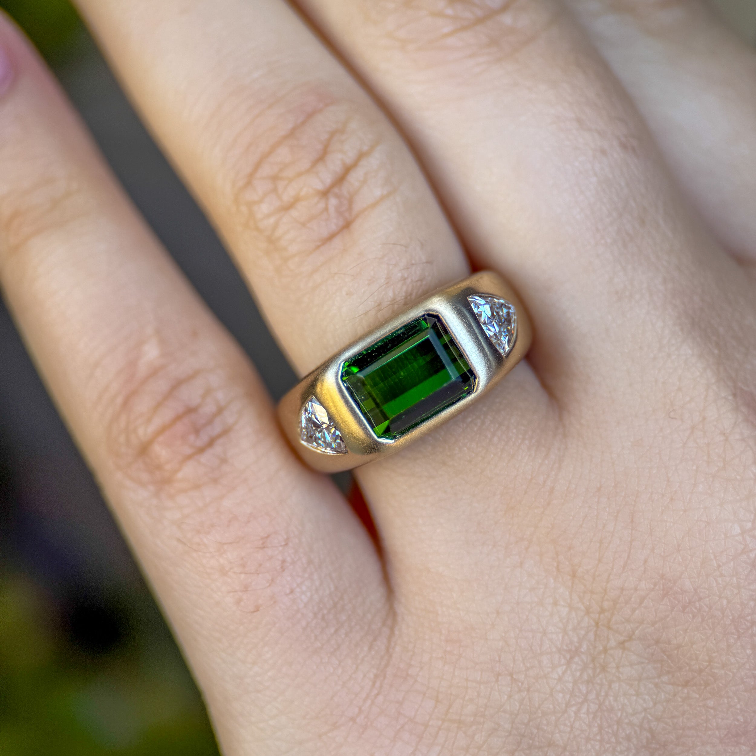 M & Co. Green Tourmaline & Diamond Flush Set Gold Ring