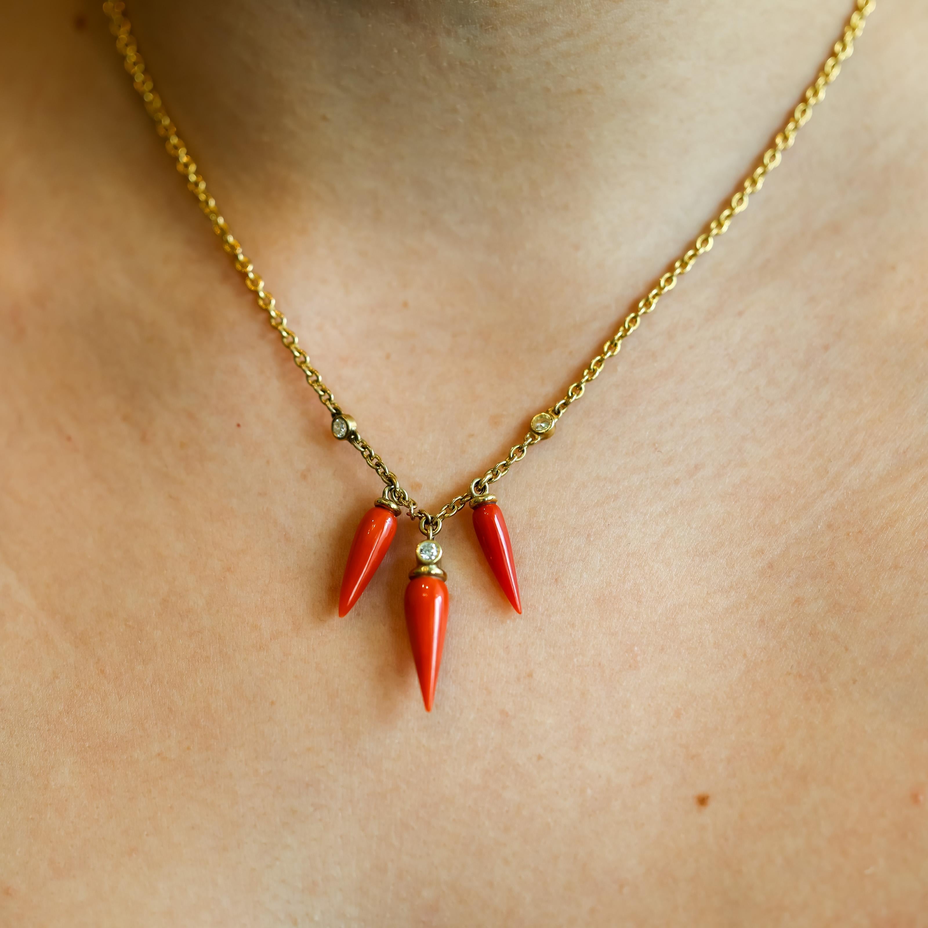 18K Gold Coral & Diamond Necklace