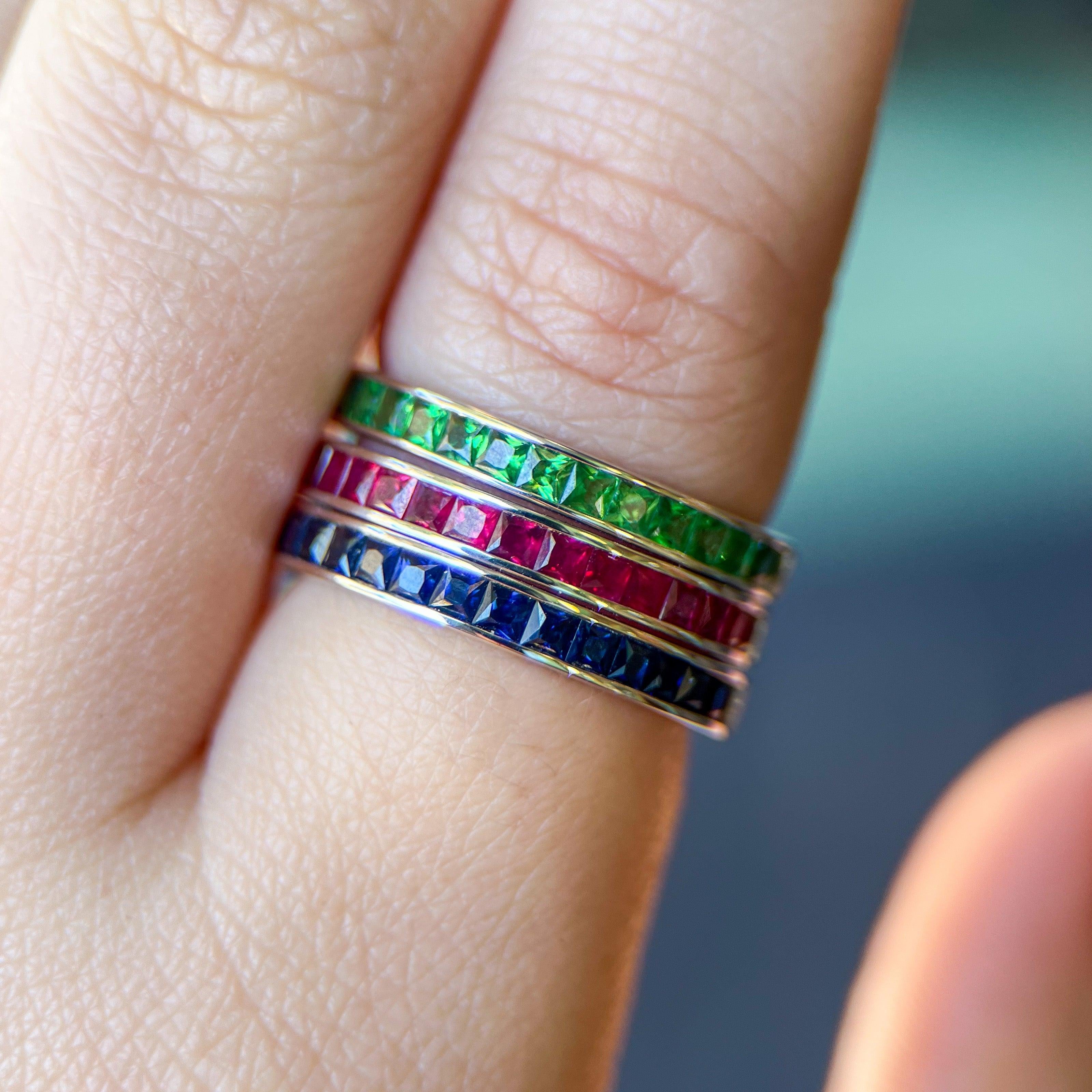 French Cut Gemstone & Diamond Half Eternity Bands