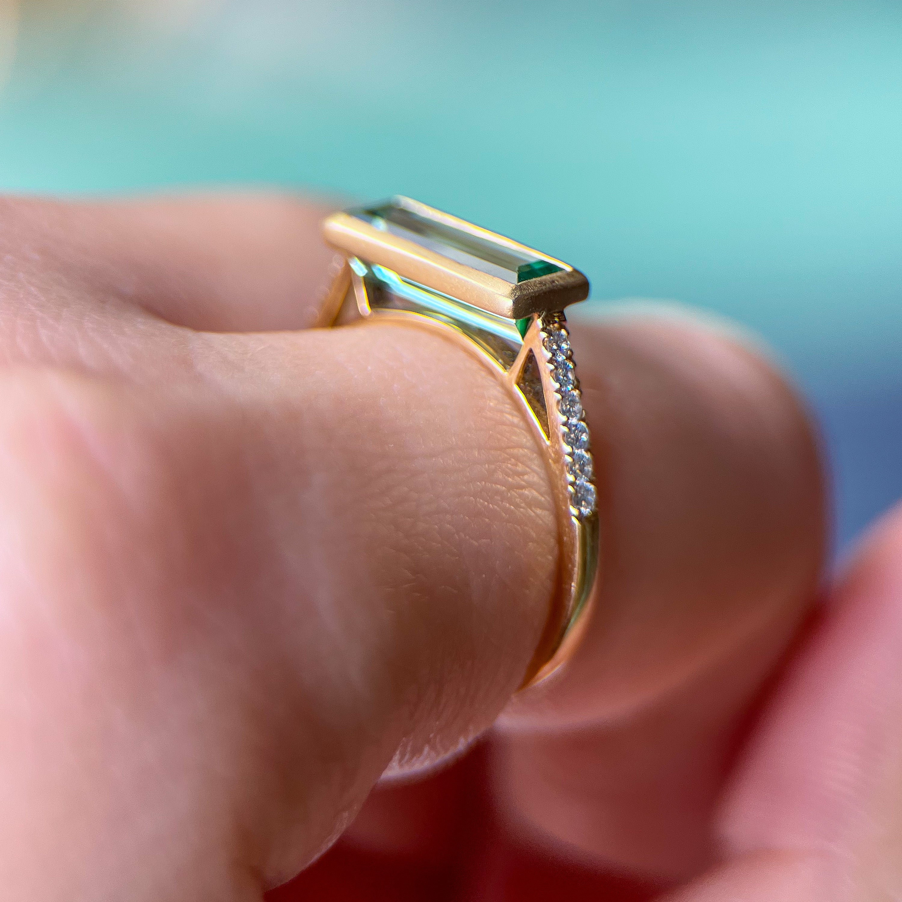 East West Baguette Tourmaline with Diamond Accents Ring