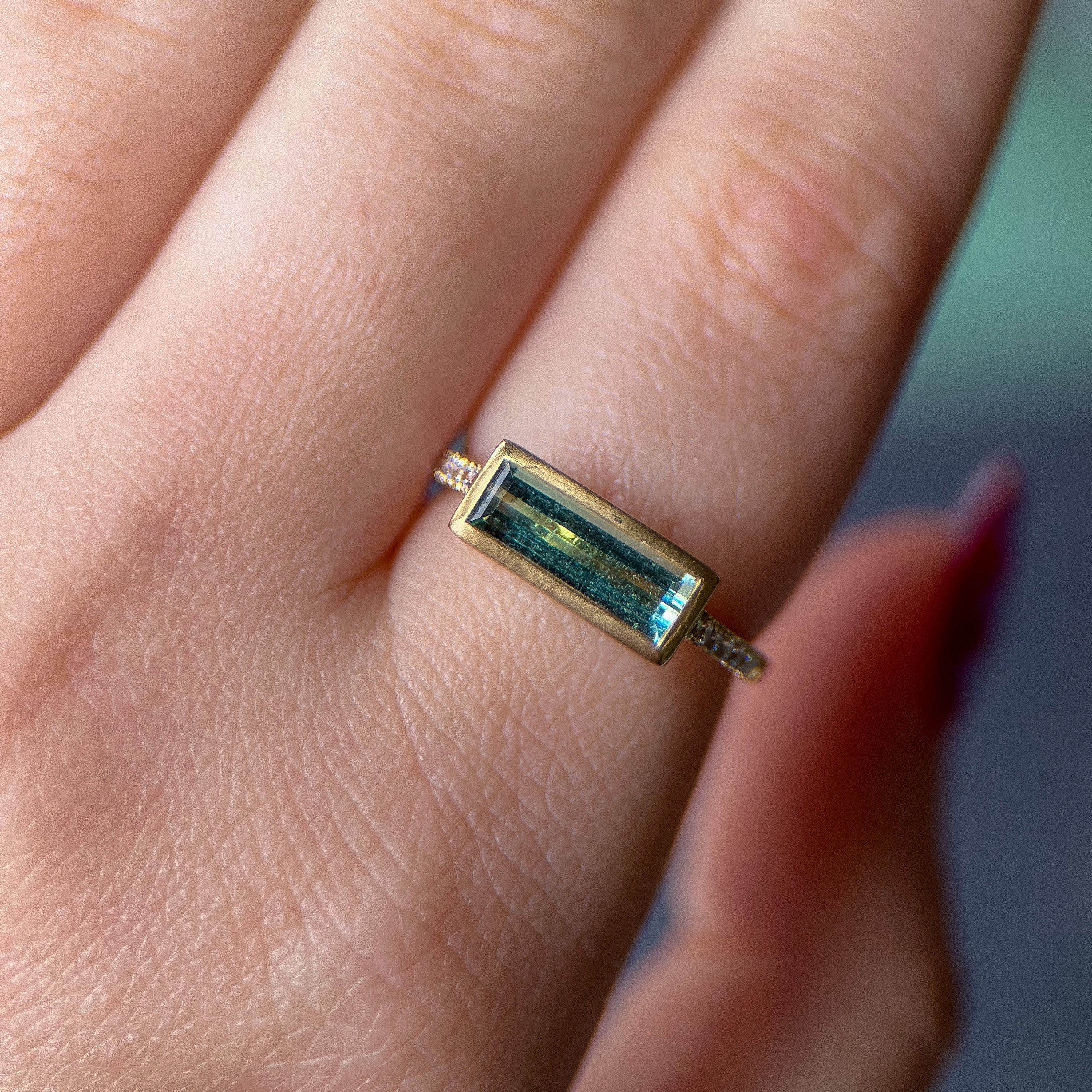East West Baguette Tourmaline with Diamond Accents Ring