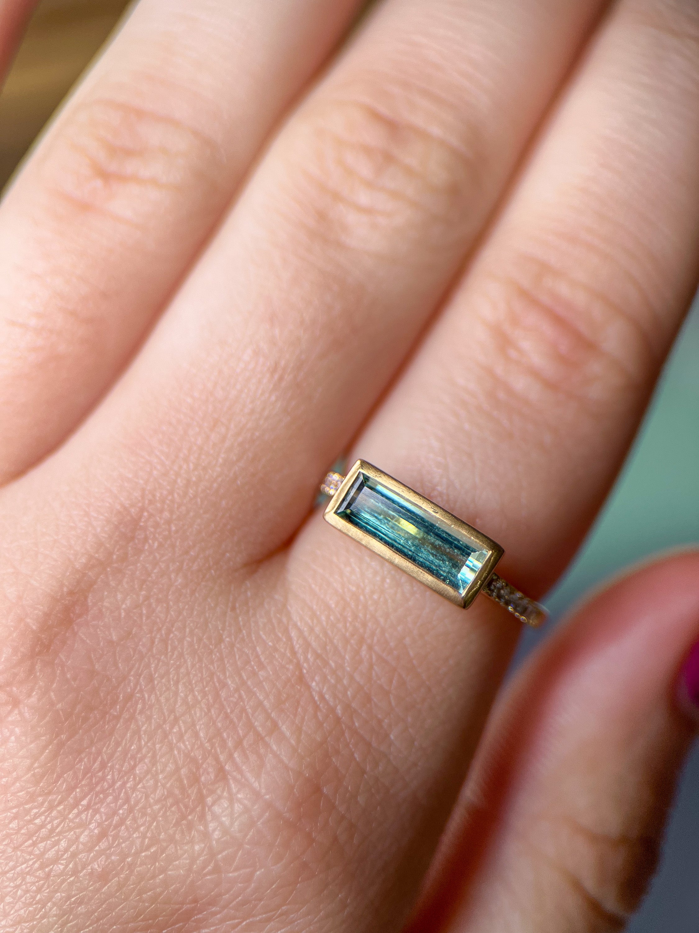 East West Baguette Tourmaline with Diamond Accents Ring