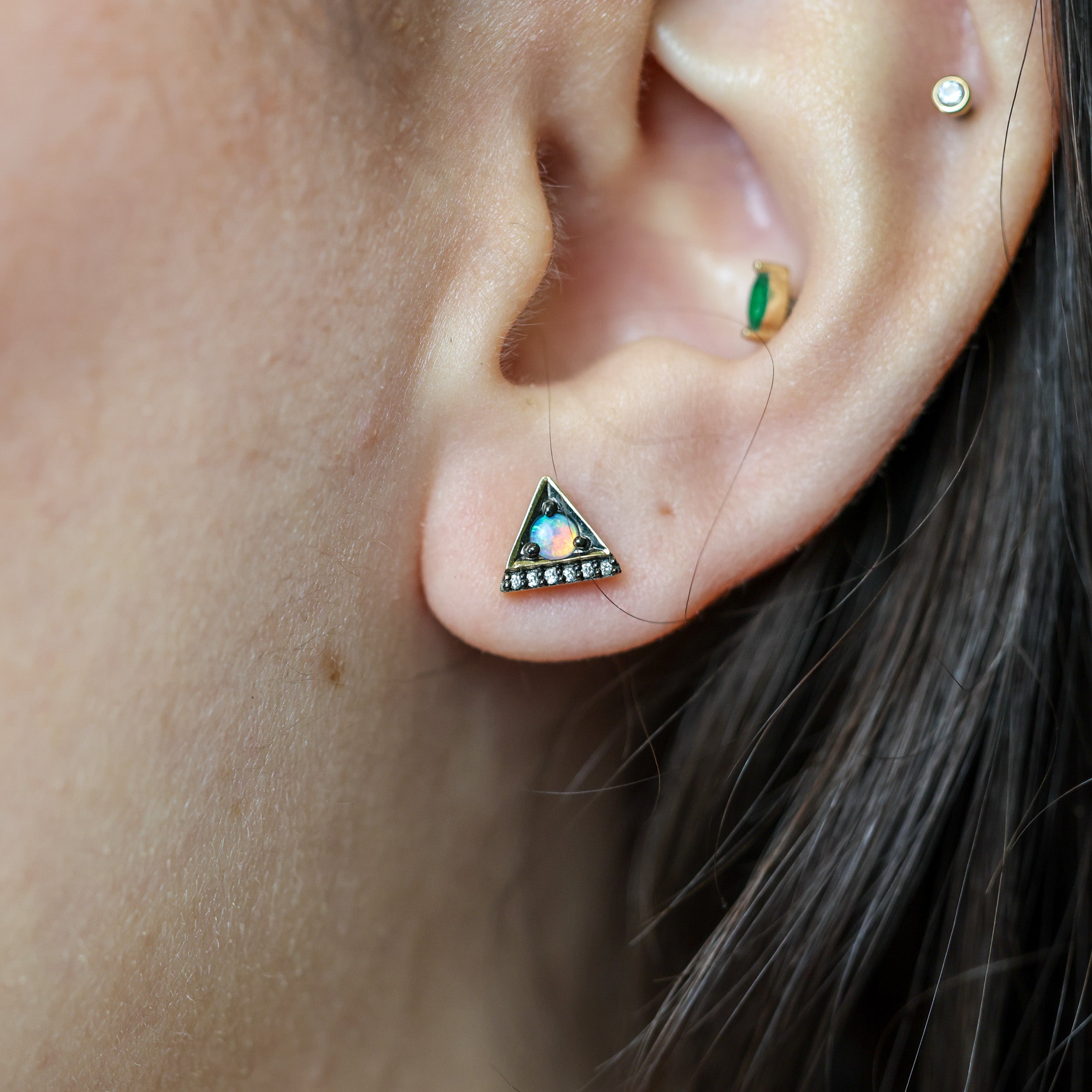 Opal & Natural Diamond Triangle Studs