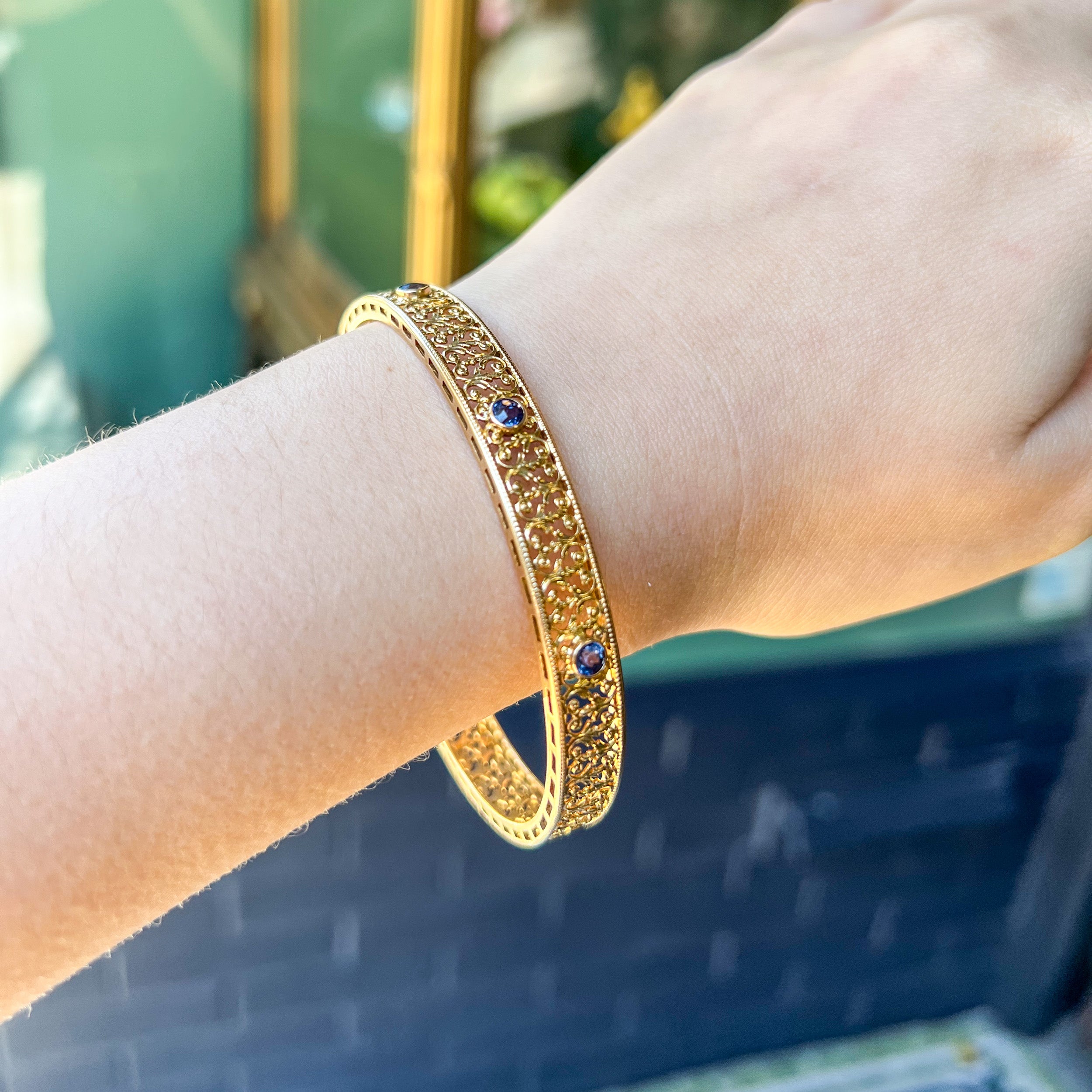 Edwardian Montana Sapphire Filigree Bangle
