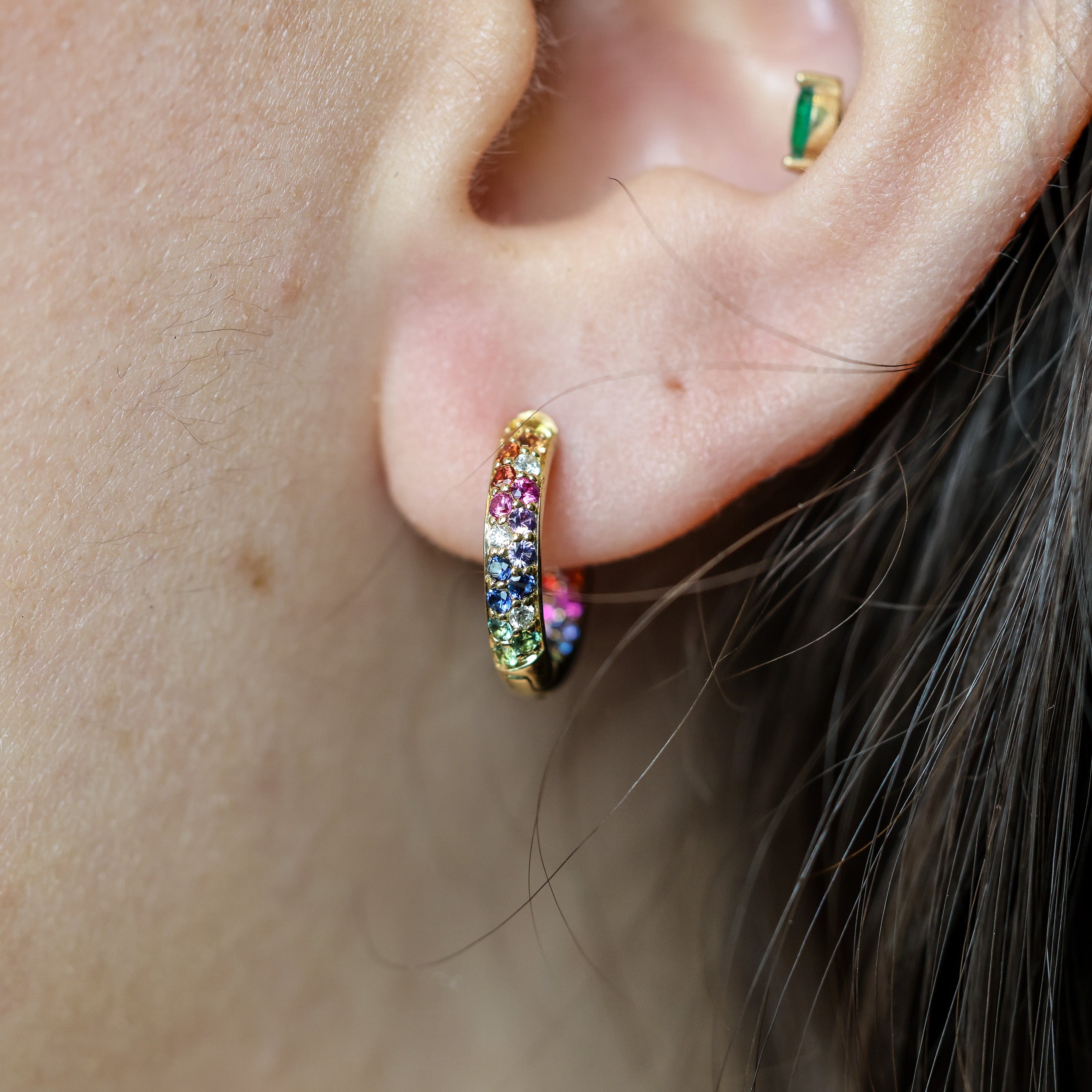 Small Rainbow Sapphire & Diamond 18K Huggie Hoops