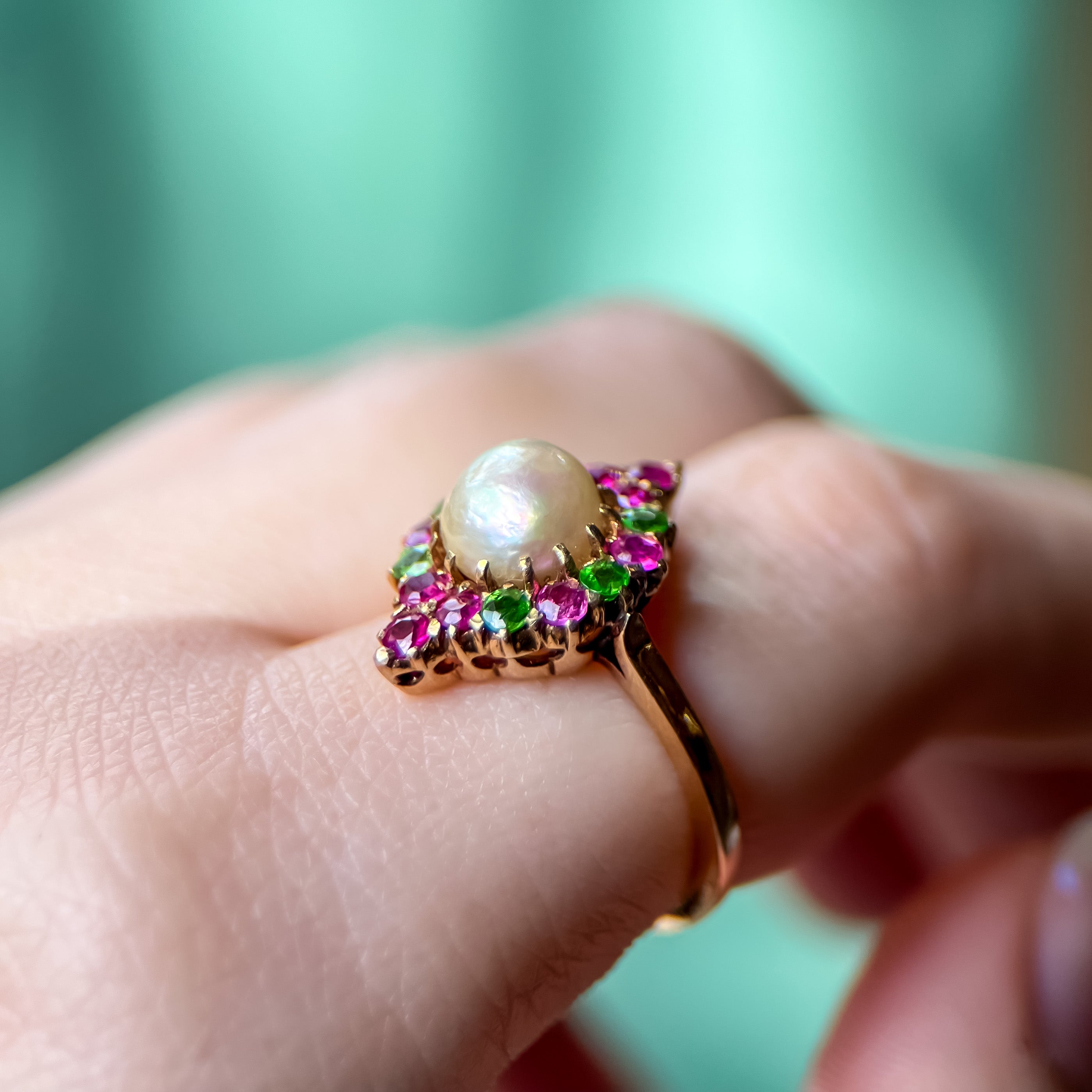 Victorian Pearl, Demantoid Garnet, & Ruby Ring
