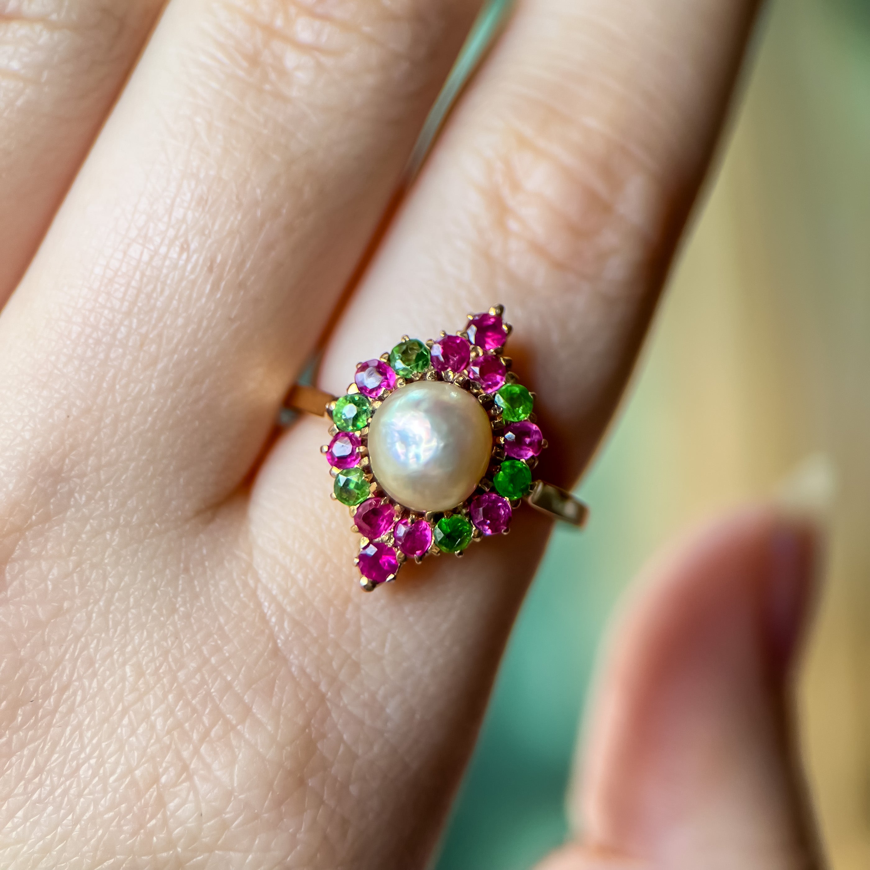 Victorian Pearl, Demantoid Garnet, & Ruby Ring