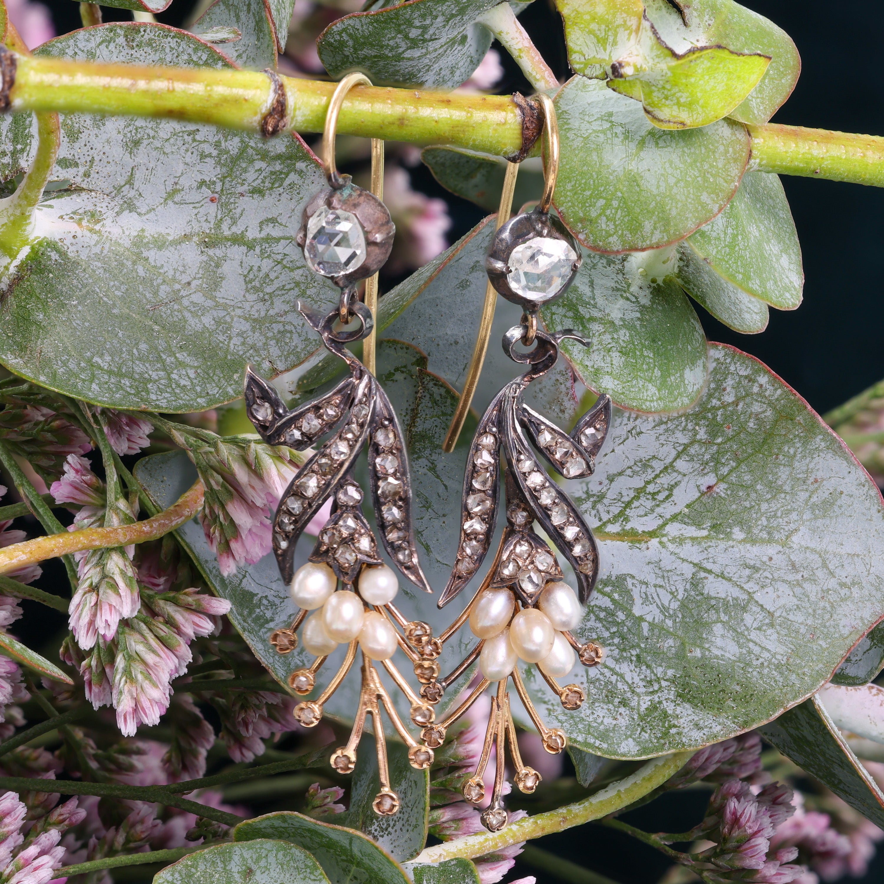 Victorian Rose Cut Diamonds & Pearl Floral Earrings