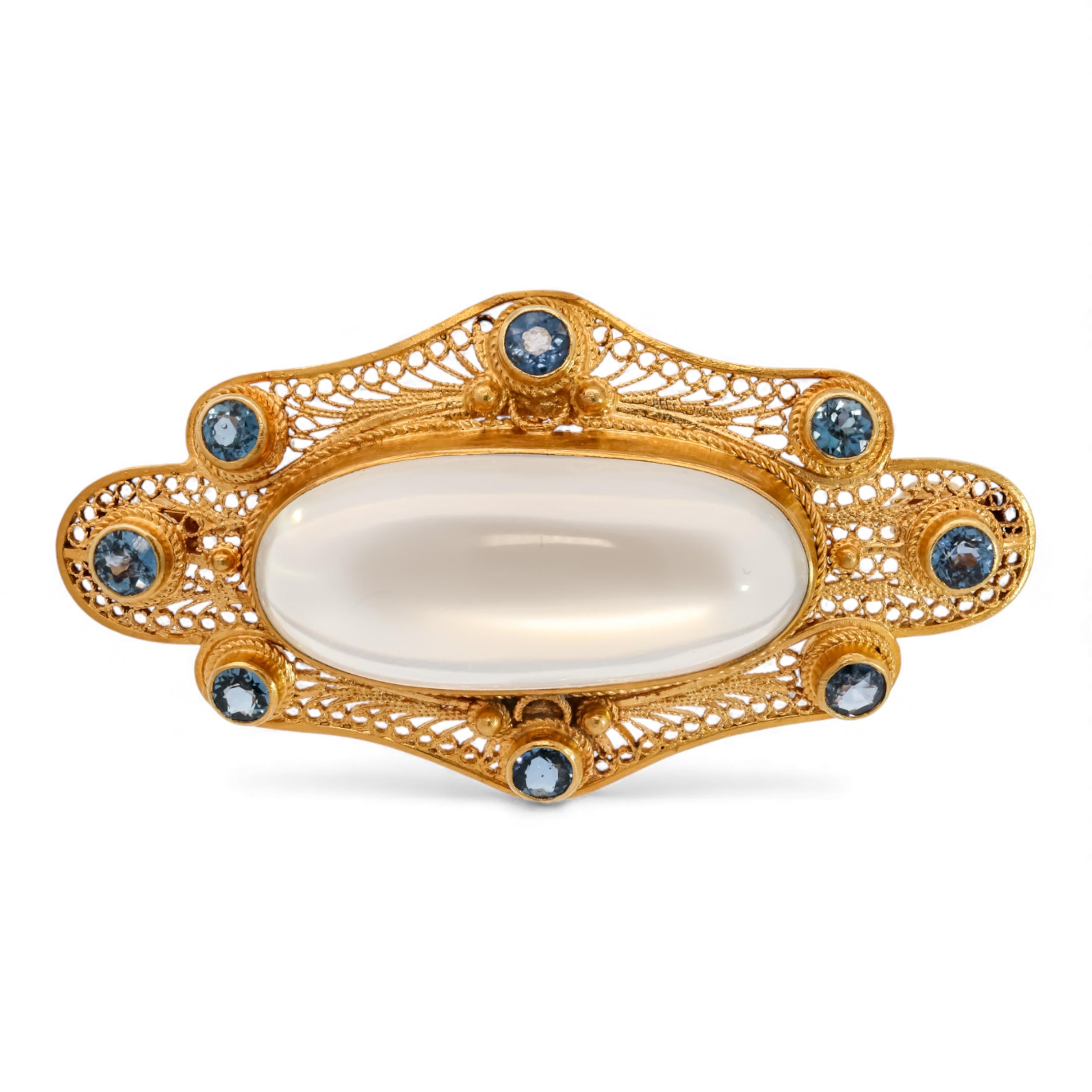 Edwardian Moonstone & Montana Sapphire Canetille Brooch
